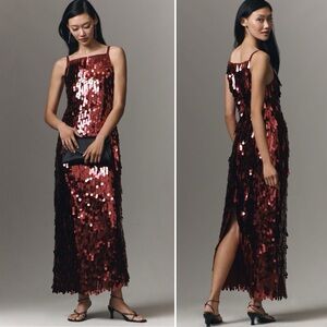 Hutch Sleeveless Sequin Pailette Red Midi Maxi Square Neck Dress size large